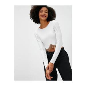 Koton Crop T-Shirt Long Sleeve Dangle Stone Detailed Ribbed