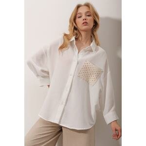 Trend Alaçatı Stili Women's White Crochet Pocket Textured Linen Shirt
