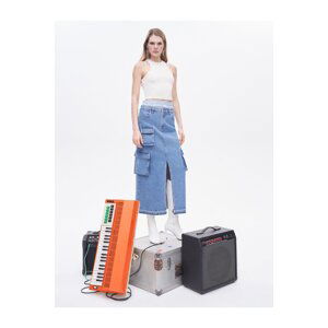 Koton Midi Jeans Cargo Skirt with a Slit Pocket Detail, Normal Waist.