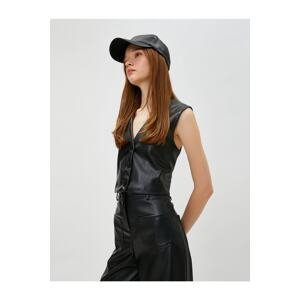 Koton Leather Look Vest V-Neck with Buttons