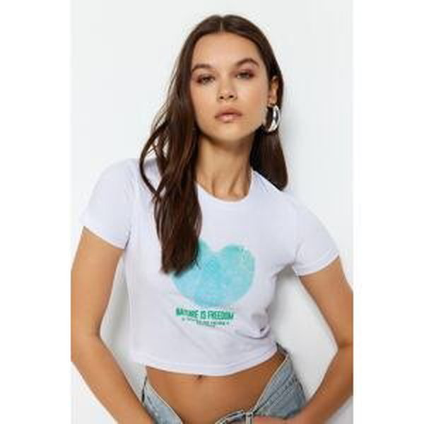 Trendyol White Heart Printed Fitted Crop Crew Neck Cotton Stretchy Knitted T-Shirt