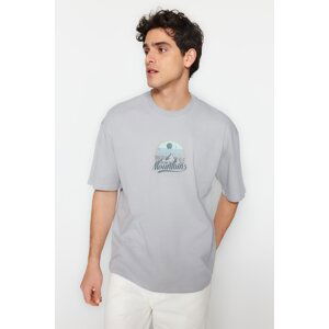 Trendyol Gray Relaxed/Casual-Fit Scenery-Text Printed 100% Cotton Short Sleeve T-Shirt