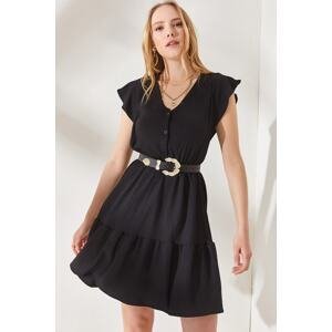 Olalook Women's Black Frilly Buttoned Sleeve Elastic Waist Mini Dress