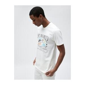 Tričko s potlačou Koton Slogan s kvetinovým detailom, bavlna s výstrihom Slim Fit Crew.