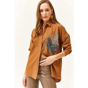 Olalook Women's Brown Palm Sequin Detailed Oversize Woven Poplin Shirt
