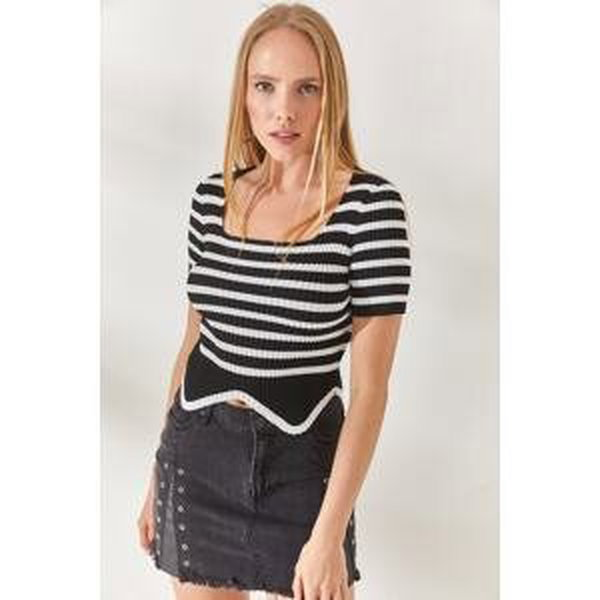 Olalook Black Striped Asymmetric Crop Knitwear Blouse