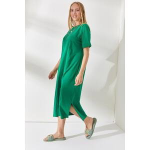 Olalook Women's Grass Green Side Slit Oversize Cotton Dress