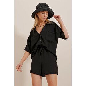 Trend Alaçatı Stili Women's Black Double Pocket Cotton Aerobin Shirt And Shorts Double Suit
