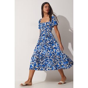 Happiness İstanbul Women's Blue Floral Patterned Summer Viscose Dress