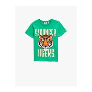 Koton Tiger Print T-Shirt with Short Sleeves, Crew Neck Cotton