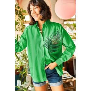 Olalook Women's Grass Green Palm Sequin Detailed Oversize Woven Poplin Shirt