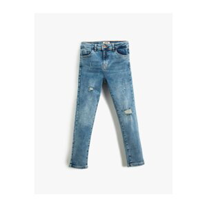 Koton Denim Trousers with Frayed Detail, Cotton Pocket - Slim Jean with Adjustable Elastic Waist