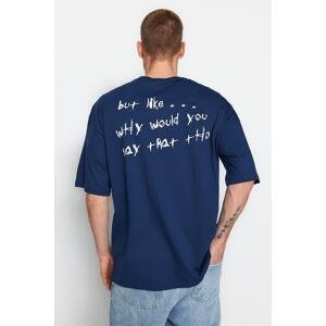 Trendyol Indigo Oversize/Wide-Fit Text Printed Short Sleeve 100% Cotton T-Shirt
