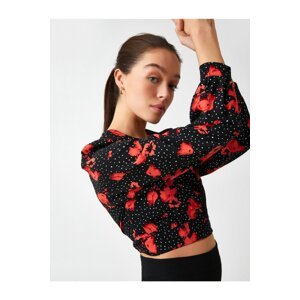 Koton Women's Long Sleeve Floral Black Crop Blouse