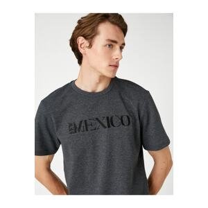 Koton Woven T-Shirt with Embroidered Text Crew Neck Short Sleeved.