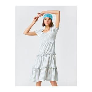 Koton Striped Midi Dress Ruffled U Neck Short Sleeve Cotton