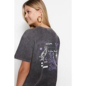 Trendyol Anthracite 100% Cotton Faded Effect Back Printed Oversize/Comfort Fit Knitted T-Shirt