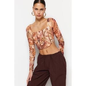 Trendyol Premium Orange Sheer Back Printed Lined Crop Tulle Stretch Knitted Blouse