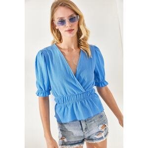 Olalook Women's Baby Blue Elastic Waist Double Breasted Blouse