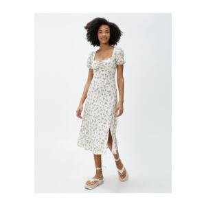 Koton Floral Dress Midi Sweetheart Neck Balloon Sleeves Slit