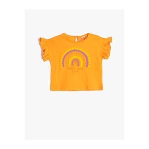 Koton Ruffle Short Sleeve Crew Neck Cotton Rainbow Printed T-Shirt