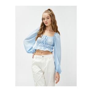 Koton Crop Blouse Balloon Sleeves Square Collar Tie Detail Frilly