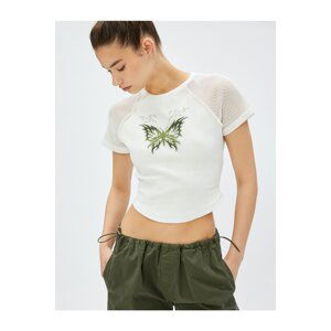 Koton Crop T-Shirt Printed Mesh Detailed Crew Neck Cotton