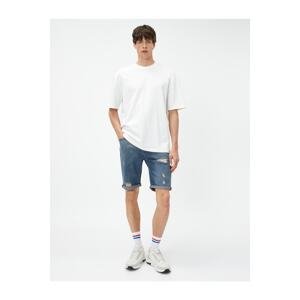 Koton Bermuda Ripped Denim Shorts with Fold Detail Buttons and Pockets