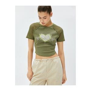 Koton Printed Crop T-Shirt with Mesh Detailed Crew Neck Cotton.