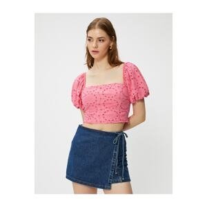 Koton Crop Embroidered Blouse Balloon Sleeve Gimped