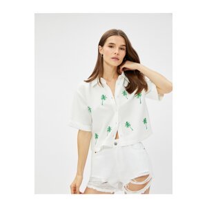 Koton Linen Blend Palm Embroidered Crop Shirt
