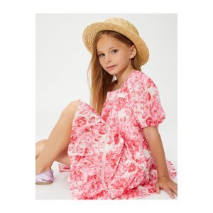 Koton Mini Floral Dress Short Balloon Sleeves Square Collar Lined