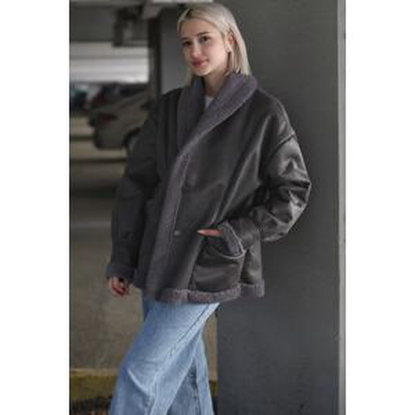 Madmext Anthracite Faux Shearling Biker Coat