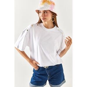 Olalook Women's White Cotton T-Shirt with Gold Buttons on the Shoulder
