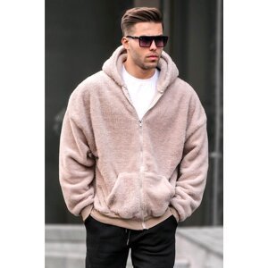 Madmext Beige Plush Over Fit Men's Hooded and Zippered Sweatshirt 6049
