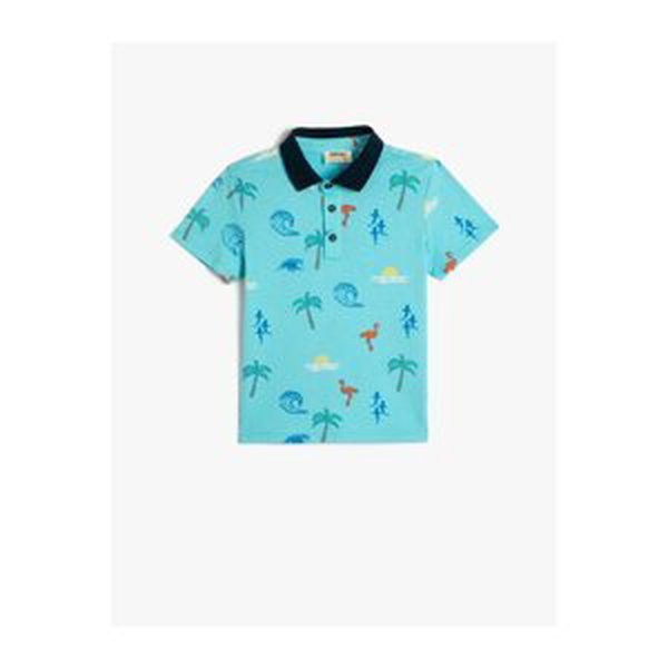 Koton Polo T-Shirt with Short Sleeves and Buttons Palm Print Cotton
