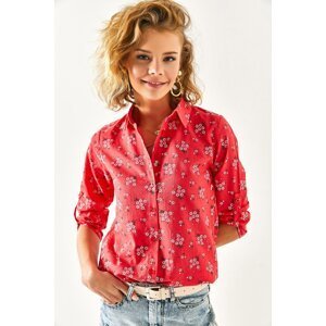 Olalook Women's Red Floral Sleeve Fold Linen Shirt