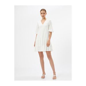 Koton Ruffles V-Neck Balloon Sleeves Mini Dress, Viscose-Mixed Textured Viscose Dress