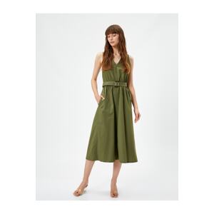 Koton Midi Dress V-Neck Belt, Pockets, Thick Straps