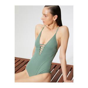 Koton V-Neck Swimsuit with Strap Piping Detailed Coated