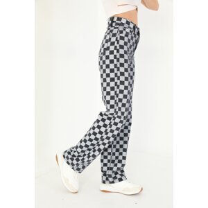 BİKELİFE Black Checkerboard Pattern High Waist Wide Leg Jeans Pants