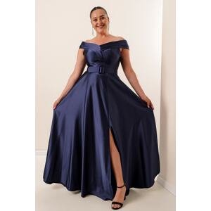 By Saygı Navy Blue Madonna Collar Waist Belted Lined Plus Size Long Satin Dress with Slit