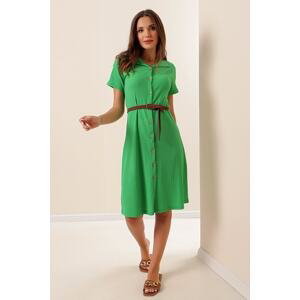By Saygı Hľadačky krátkych rukávov šaty s gombíkmi vpredu s opaskom a zelenou farbou
