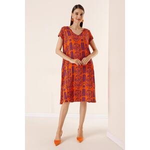 By Saygı Orange Short Sleeve Floral Pattern Midi Dress