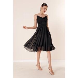 By Saygı Rope Straps Front Draped Lined Chiffon Dress Black