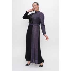 By Saygı Magnificent Collar, Stone and Feather Detail, Belted Waist, Semi Silvery Plus Size Long Dress