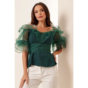 By Saygı Madonna Collar Flounce Organza Sleeve Silvery Blouse Emerald