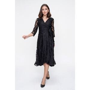 By Saygı Double Breasted Neck Lined Wrapped Lace Dress Black