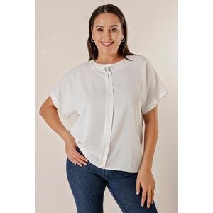By Saygı Brooch Collar Plus Size Chiffon Blouse with Front Plaid Short Bat Sleeve