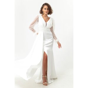 Lafaba Women's White V-Neck Sleeves Stoned Slit Long Evening Dress